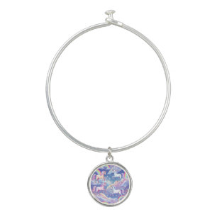 Sparkly rainbow and unicorns on clouds bangle bracelet