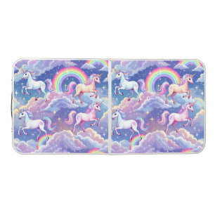 Sparkly rainbow and unicorns on clouds beer pong table