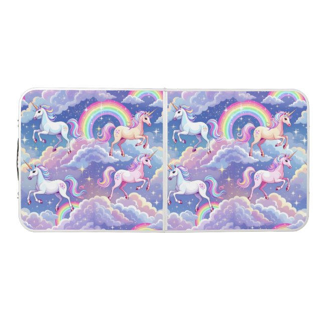 Sparkly rainbow and unicorns on clouds beer pong table (Top)