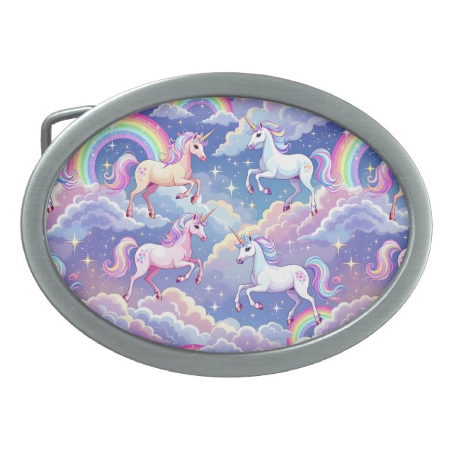 Sparkly rainbow and unicorns on clouds belt buckle (Front)