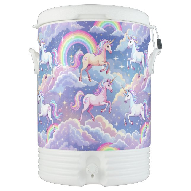 Sparkly rainbow and unicorns on clouds beverage cooler (Front)