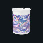 Sparkly rainbow and unicorns on clouds beverage pitcher<br><div class="desc">Girly sparkle rainbow and unicorns in the sky with blue sky and clouds design.</div>