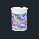 Sparkly rainbow and unicorns on clouds beverage pitcher<br><div class="desc">Girly sparkle rainbow and unicorns in the sky with blue sky and clouds design.</div>