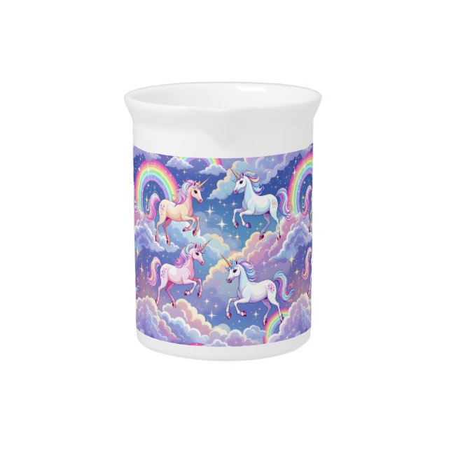 Sparkly rainbow and unicorns on clouds beverage pitcher (Front)