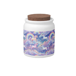 Sparkly rainbow and unicorns on clouds candy jar