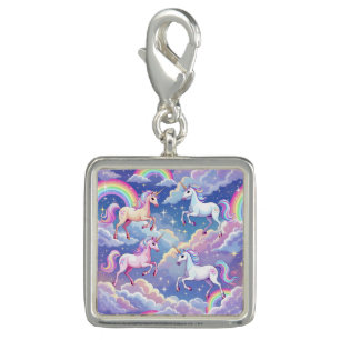 Sparkly rainbow and unicorns on clouds charm