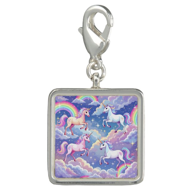 Sparkly rainbow and unicorns on clouds charm (Front)