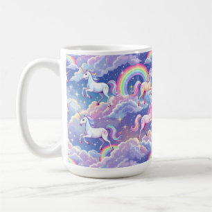 Sparkly rainbow and unicorns on clouds coffee mug