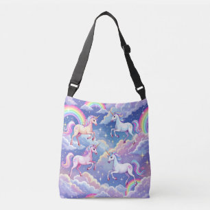 Sparkly rainbow and unicorns on clouds crossbody bag
