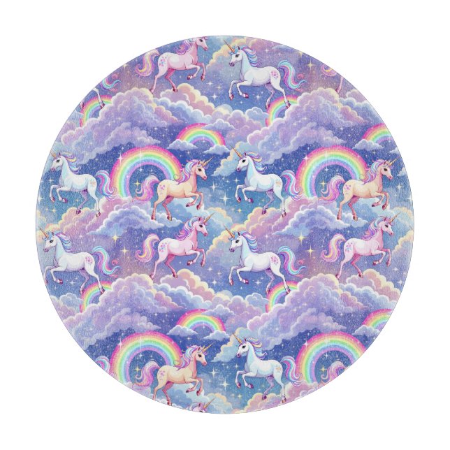 Sparkly rainbow and unicorns on clouds cutting board (Front)