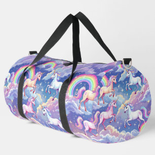 Sparkly rainbow and unicorns on clouds duffle bag