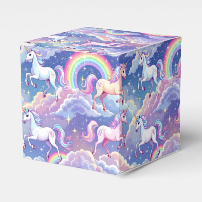 Sparkly rainbow and unicorns on clouds favor boxes (Front Side)