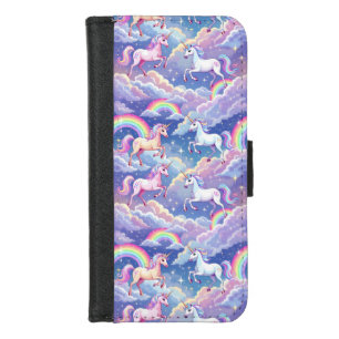 Sparkly rainbow and unicorns on clouds iPhone 8/7 wallet case