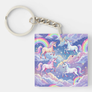 Sparkly rainbow and unicorns on clouds keychain