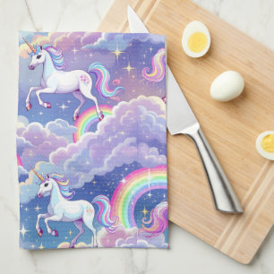 Sparkly rainbow and unicorns on clouds kitchen towel