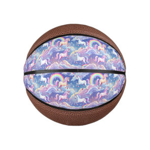 Sparkly rainbow and unicorns on clouds mini basketball
