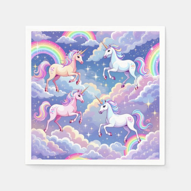Sparkly rainbow and unicorns on clouds napkins (Front)