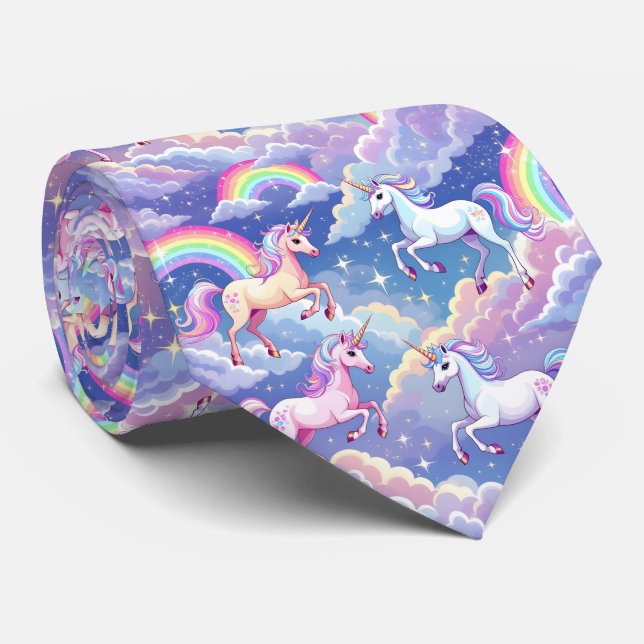 Sparkly rainbow and unicorns on clouds neck tie (Rolled)