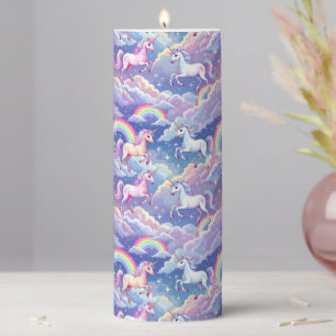 Sparkly rainbow and unicorns on clouds pillar candle