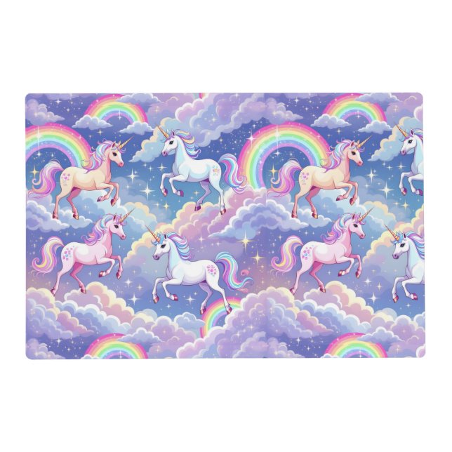 Sparkly rainbow and unicorns on clouds placemat (Front)