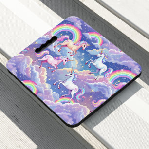 Sparkly rainbow and unicorns on clouds seat cushion