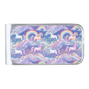 Sparkly rainbow and unicorns on clouds silver finish money clip