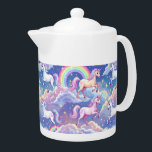 Sparkly rainbow and unicorns on clouds teapot<br><div class="desc">Girly sparkle rainbow and unicorns in the sky with blue sky and clouds design.</div>