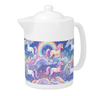Sparkly rainbow and unicorns on clouds teapot
