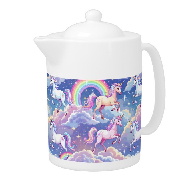 Sparkly rainbow and unicorns on clouds teapot (Right)