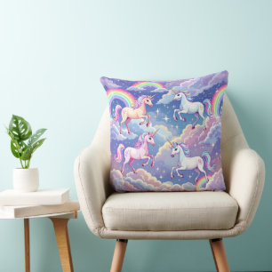 Sparkly rainbow and unicorns on clouds throw pillow
