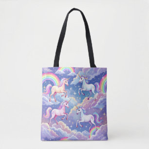 Sparkly rainbow and unicorns on clouds tote bag