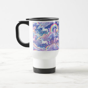Sparkly rainbow and unicorns on clouds travel mug