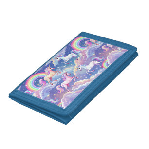 Sparkly rainbow and unicorns on clouds trifold wallet