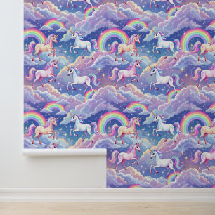 Sparkly rainbow and unicorns on clouds wallpaper 