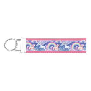 Sparkly rainbow and unicorns on clouds wrist keychain