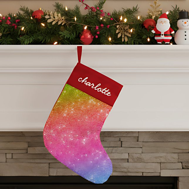 Sparkly Rainbow Glitter Christmas Stocking (cute fun girly rainbow glitter Christmas stocking with custom name in script calligraphy)
