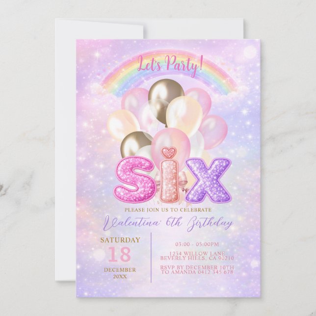 Sparkly Rainbow Glitter Six Balloon Birthday Invitation (Front)