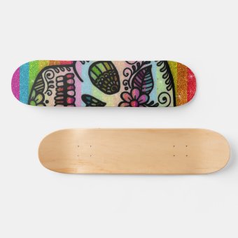 Sparkly Rainbow Glitter Sugar Skull Tattoo Design Skateboard | Zazzle