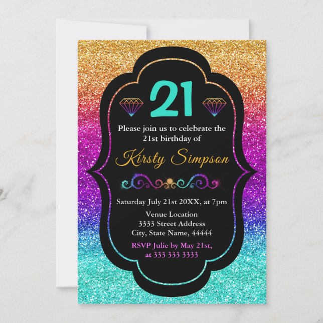 Sparkly Rainbow Gradient Glitter Birthday Invitation (Front)