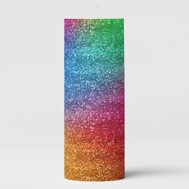 Sparkly Rainbow Gradient Glitter Pillar Candle (Front)