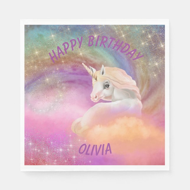 Sparkly Rainbow Universe Unicorn Birthday Napkins (Front)