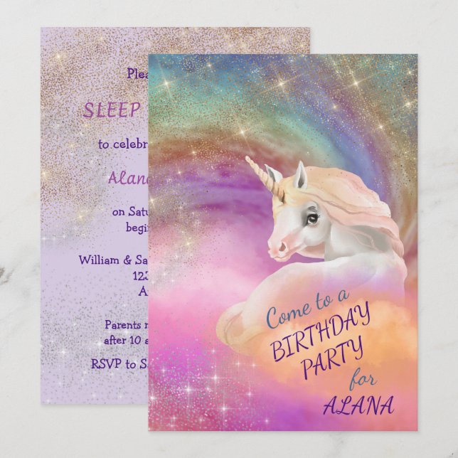 Sparkly Rainbow Universe Unicorn Birthday Party Invitation (Front/Back)