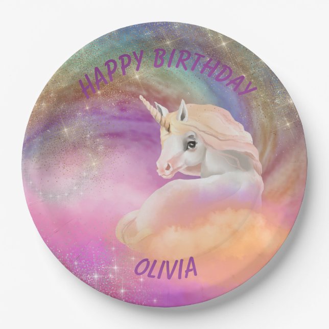 Sparkly Rainbow Universe Unicorn Paper Plates (Front)