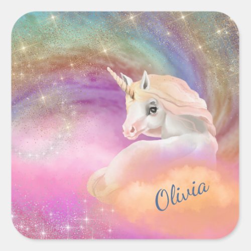 Sparkly Rainbow Universe Unicorn Square Sticker