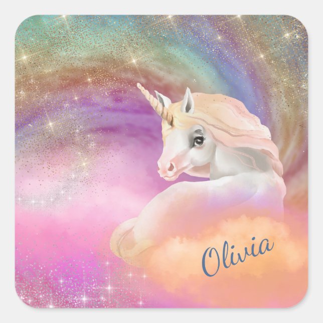 Sparkly Rainbow Universe Unicorn Square Sticker (Front)