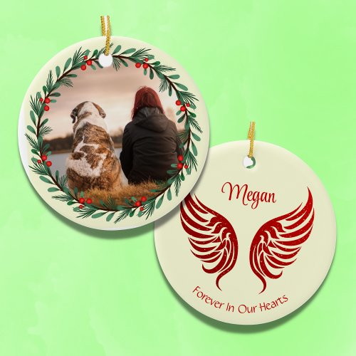 Sparkly Red Angel Wings Photo Memorial Christmas Ceramic Ornament
