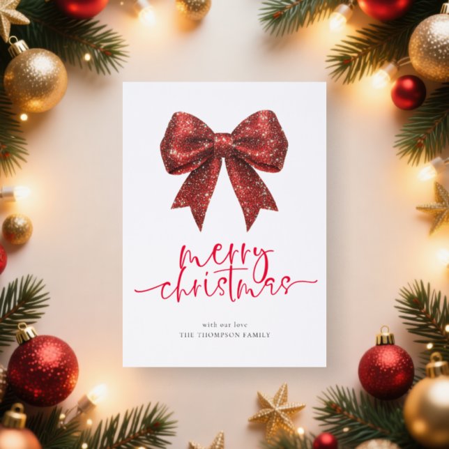 Sparkly Red Bow Merry Christmas  Letterpress Photo Cards (Insitu)