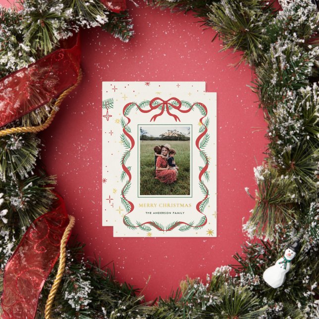 Sparkly Red Bow Wreath Christmas Foil Card (Insitu)