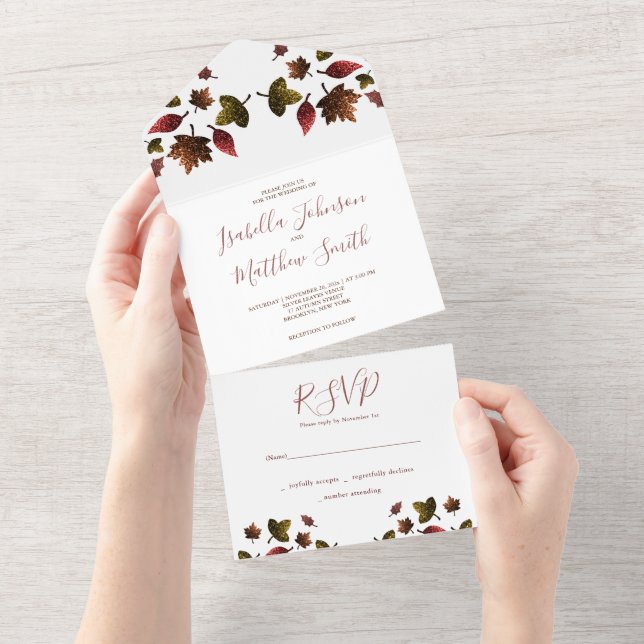 Sparkly red brown gold leaves fall autumn Wedding All In One Invitation (Tearaway)