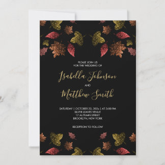 Sparkly red brown gold leaves fall autumn Wedding Invitation